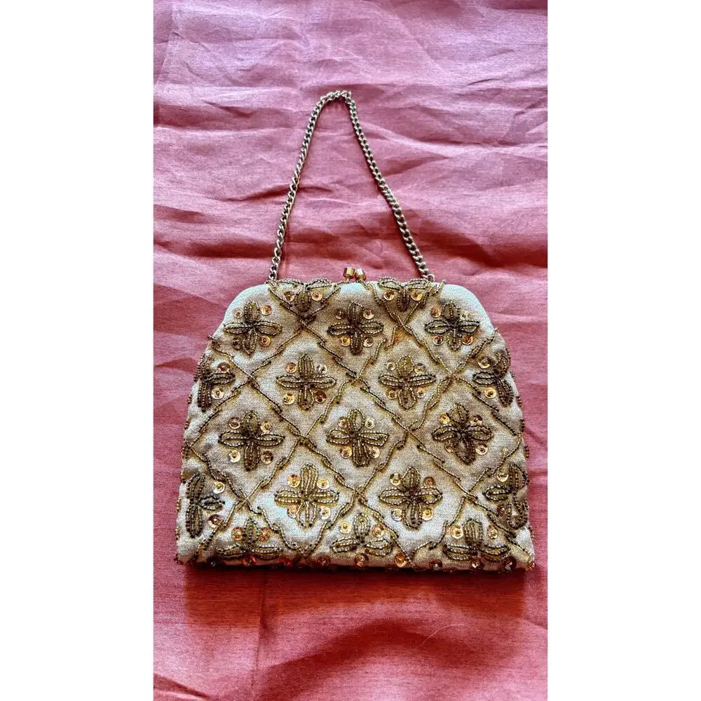 Vintage 1960s Gold Beaded Evening Bag Hong Kong Sequined Clutch Formal 